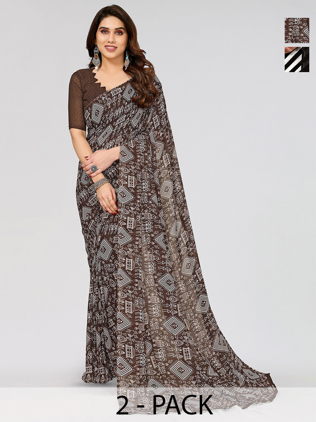 

ANAND SAREES Selection Of 2 Printed Sarees, Brown