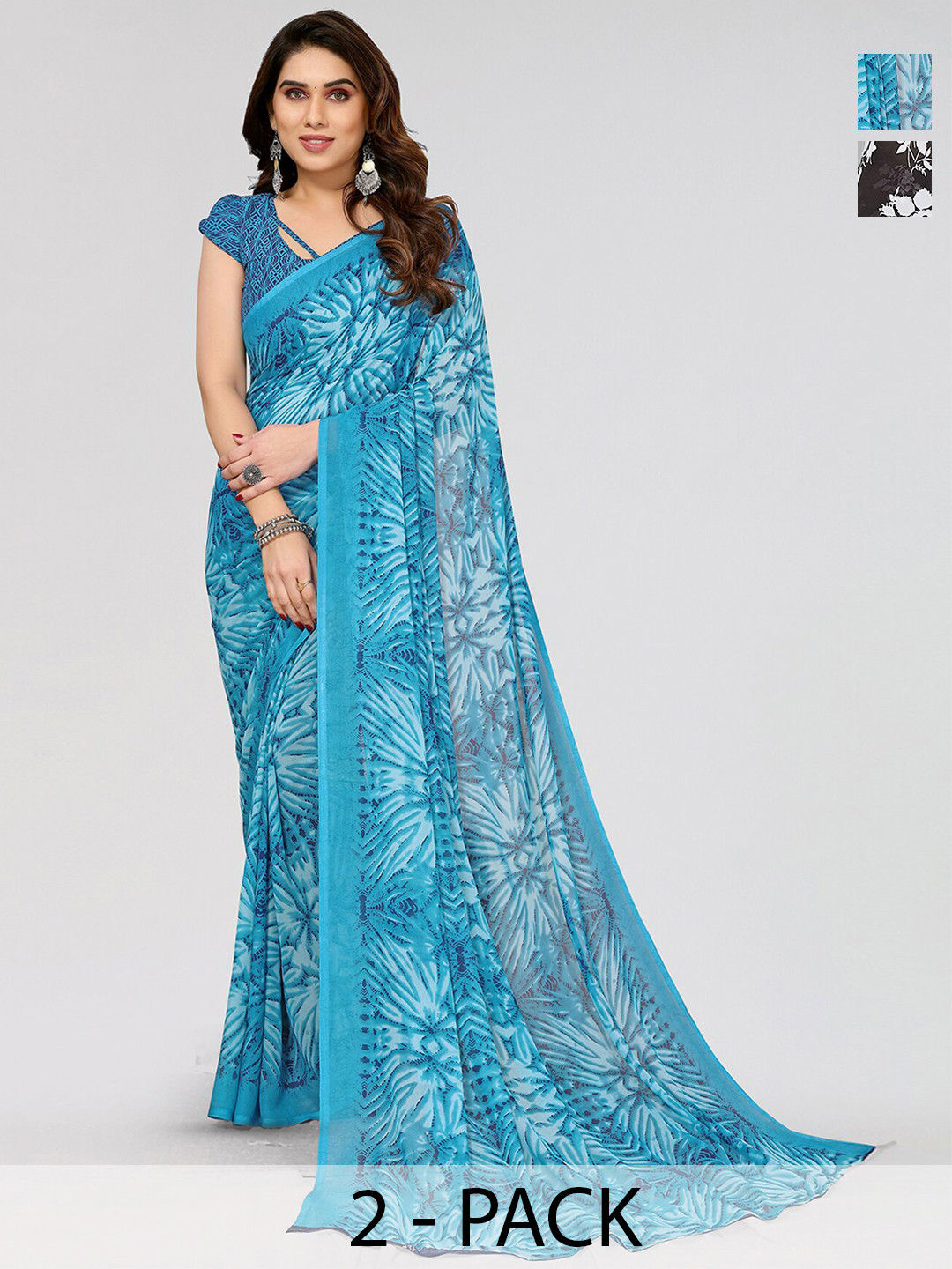 

ANAND SAREES Selection of 2 Floral Printed Sarees, Black
