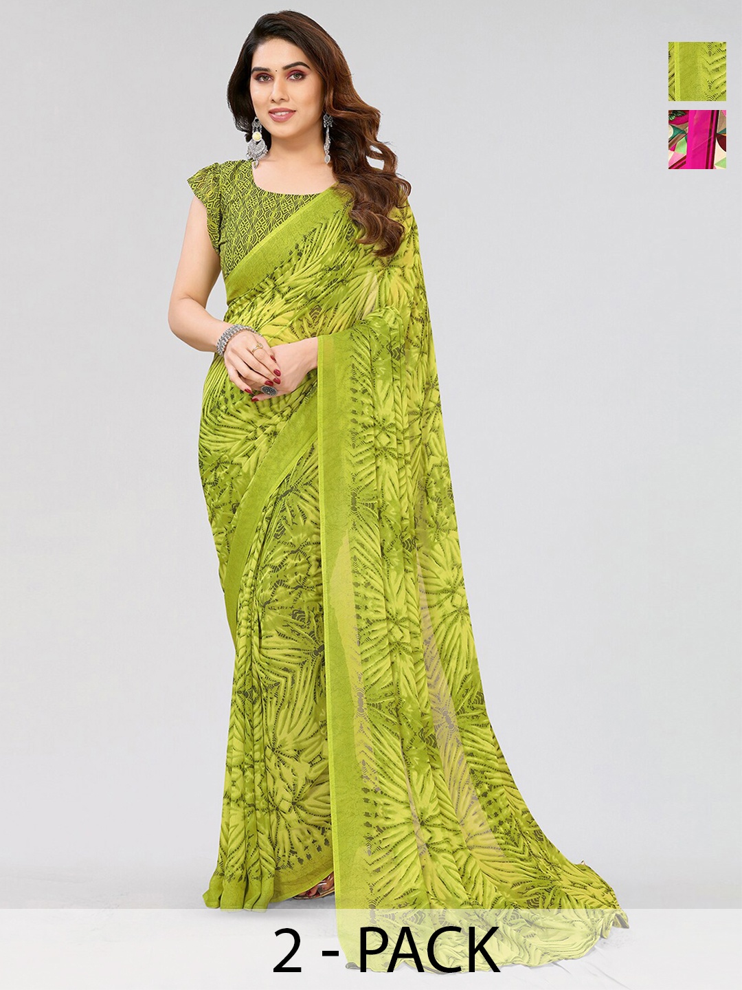 

ANAND SAREES Selection of 2 Abstract Printed Sarees, Green