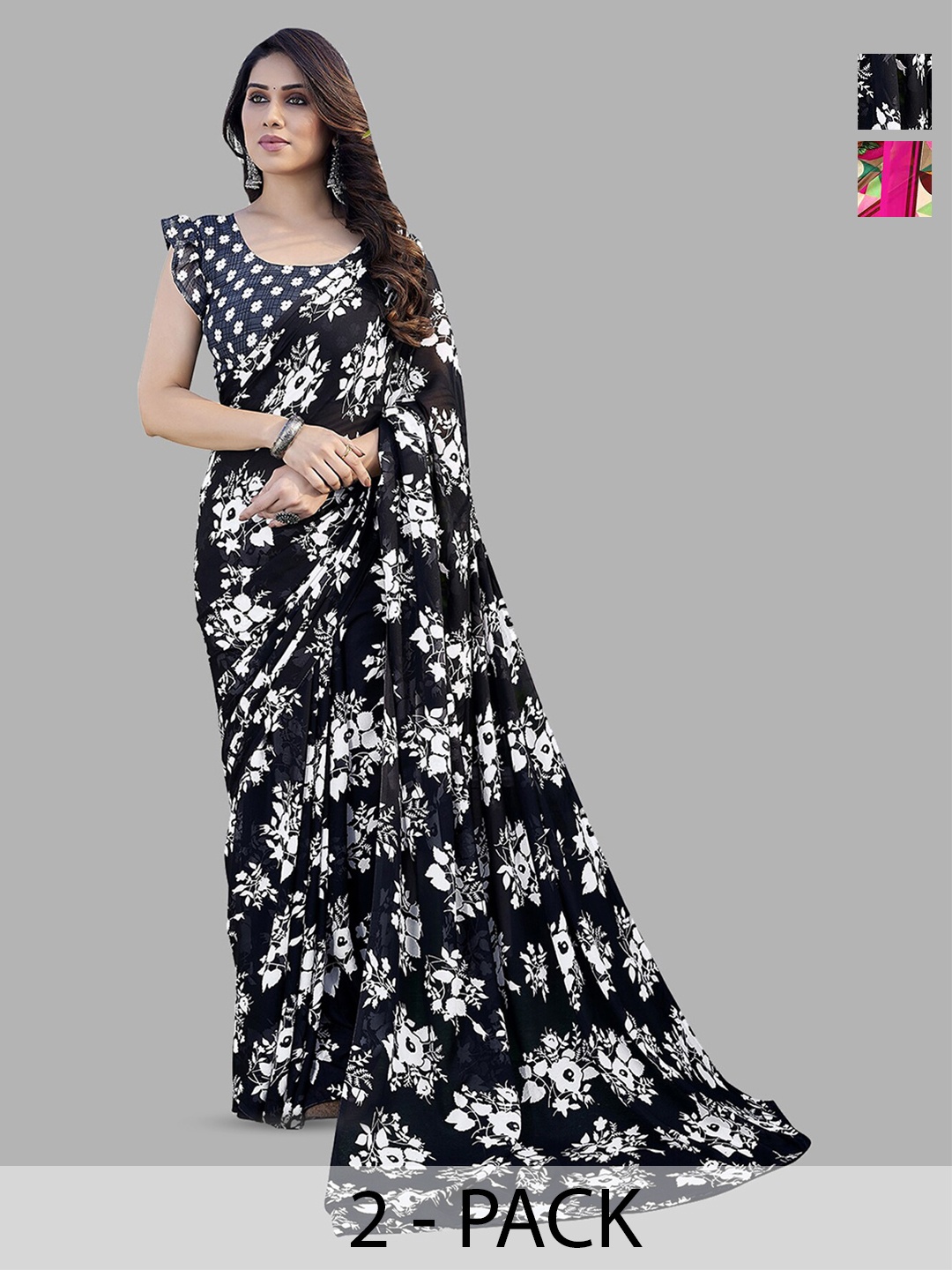 

ANAND SAREES Selection Of 2 Printed Saree, Black