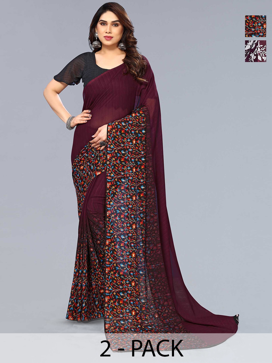 

ANAND SAREES Selection Of 2 Floral Printed Saree, Maroon