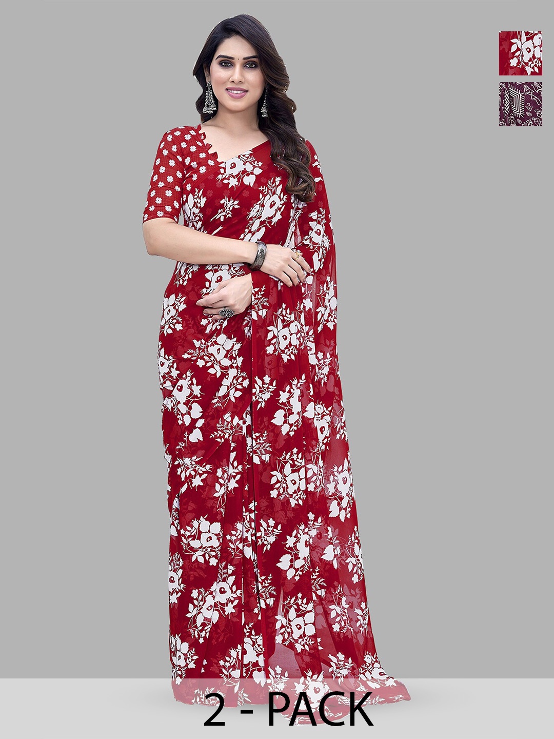 

ANAND SAREES Selection Of 2 Floral Printed Sarees, Burgundy