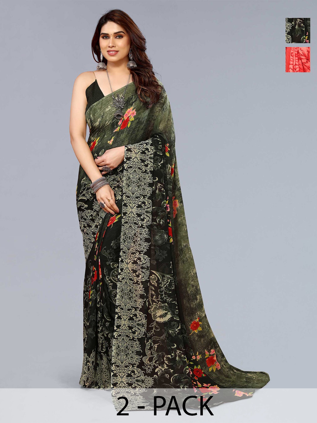 

ANAND SAREES Selection Of 2 Floral Printed Sarees, Red