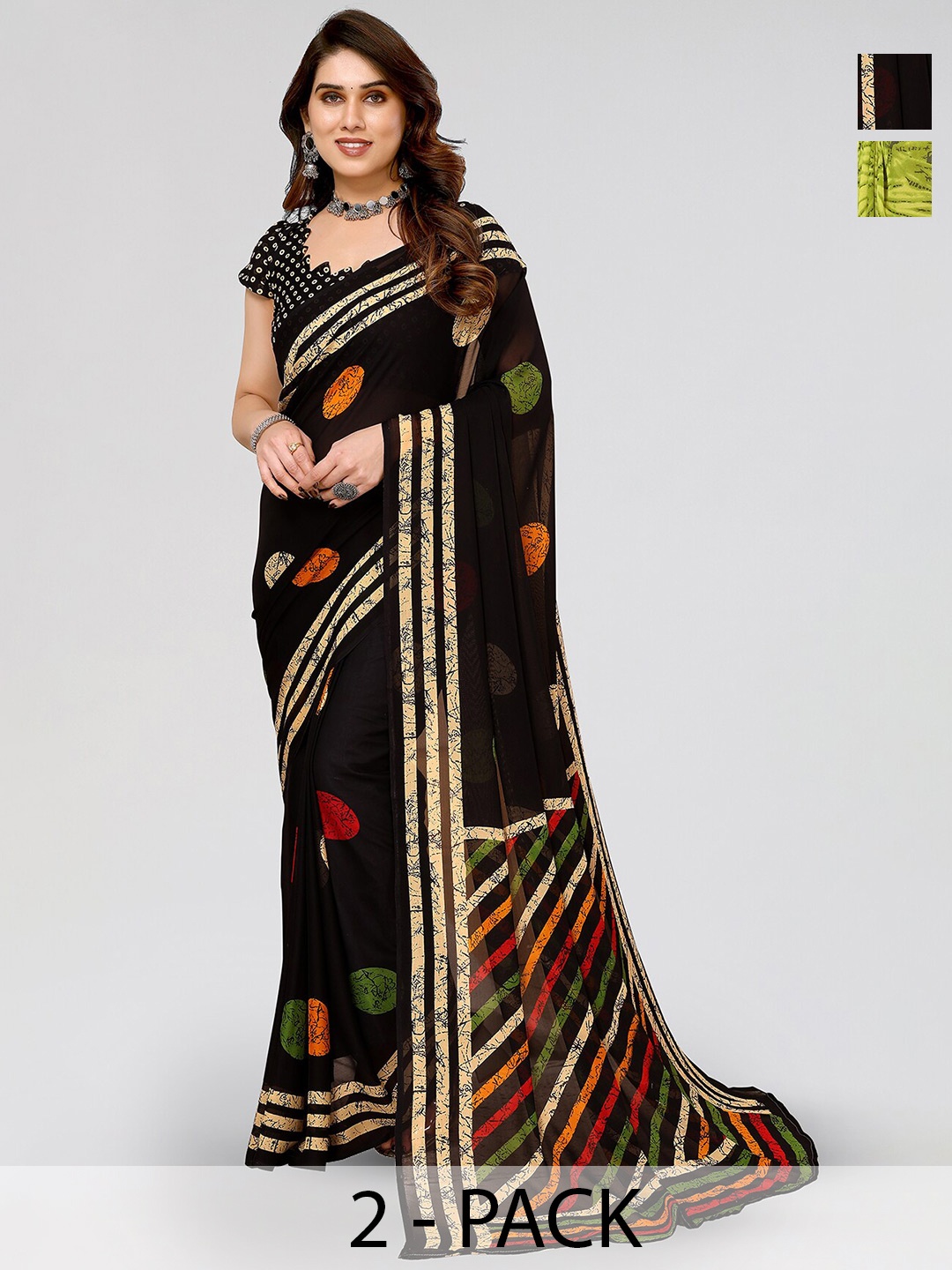 

ANAND SAREES Selection Of 2 Polka Dot Sarees, Black