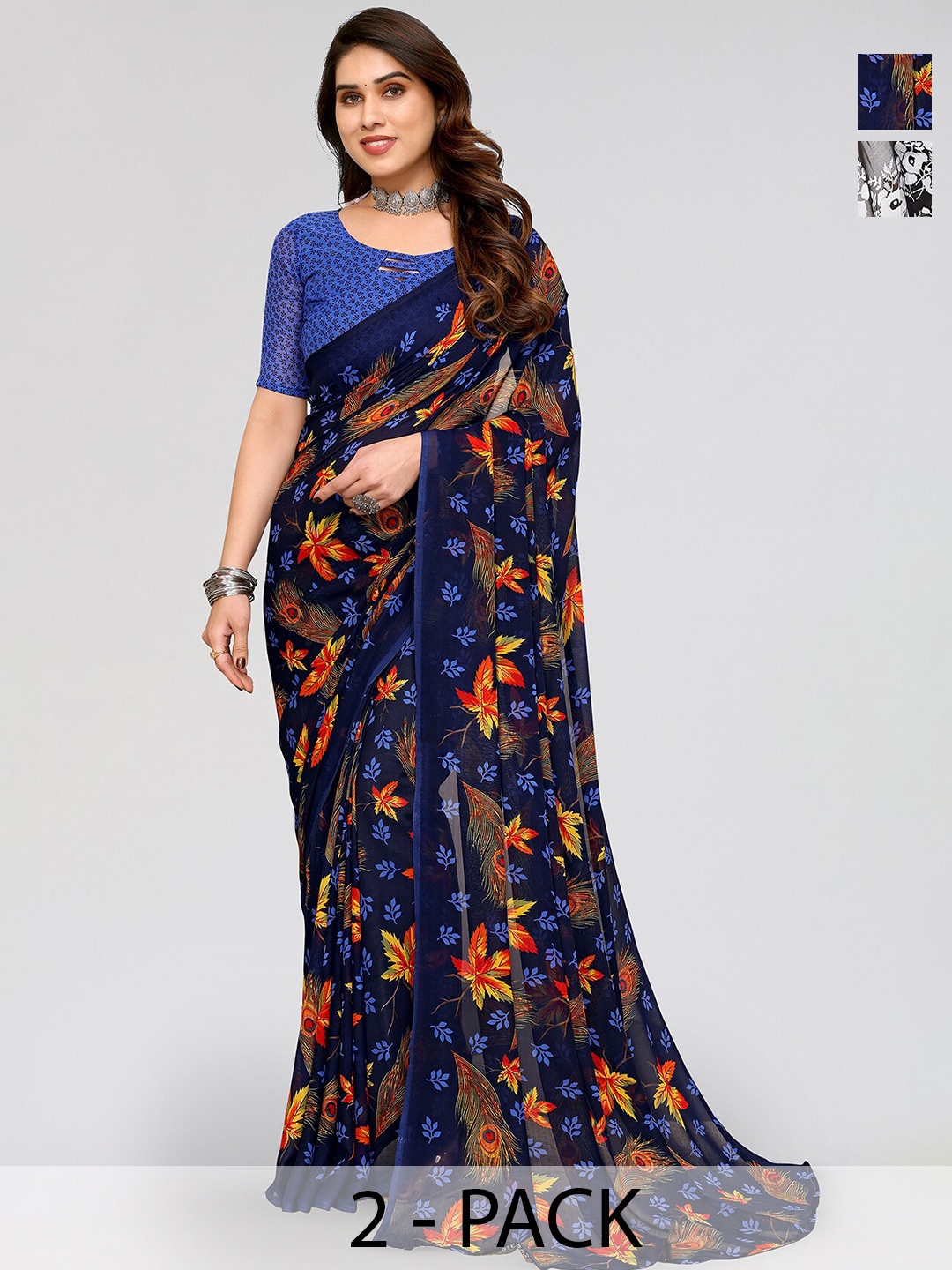 

ANAND SAREES Selection Of 2 Printed Sarees, Blue