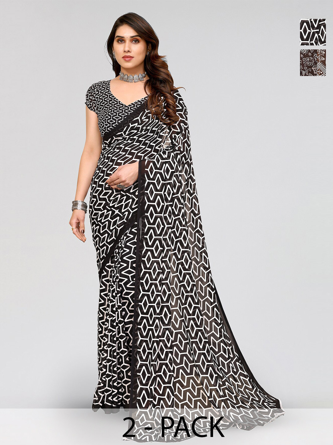 

ANAND SAREES Selection Of 2 Geometric Printed Sarees, Black