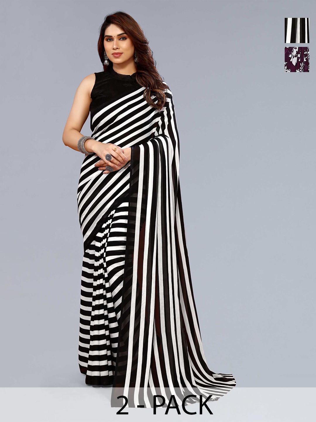 

ANAND SAREES Selection of 2 Striped Printed Saree, White