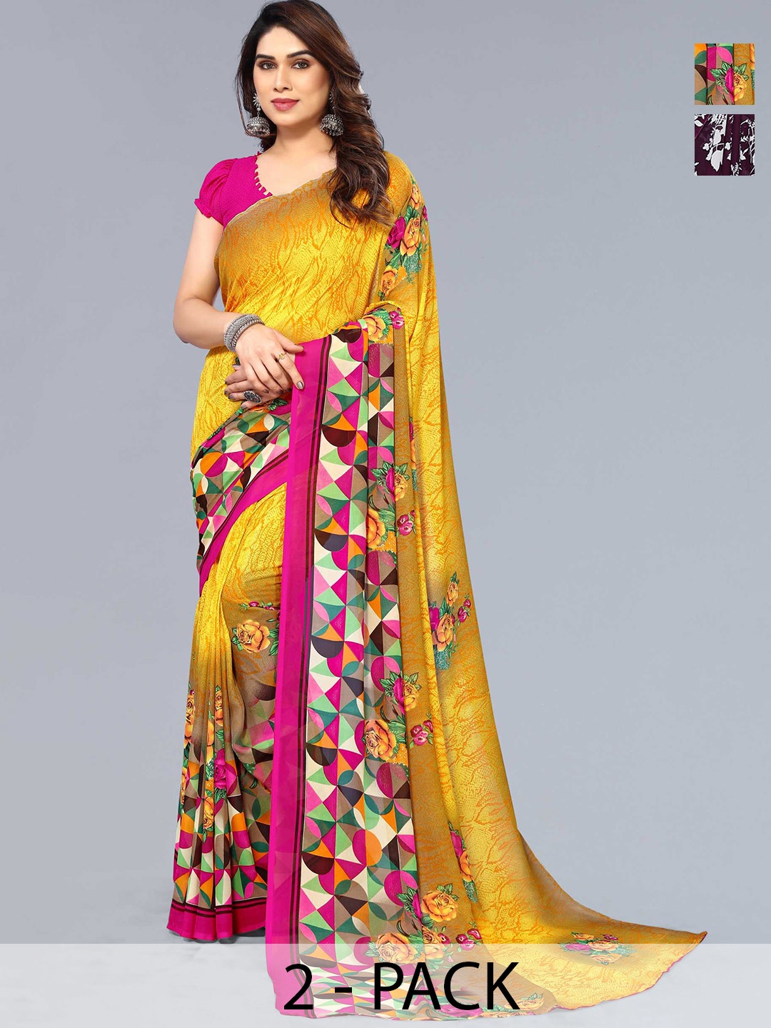 

ANAND SAREES Selection Of 2 Printed Poly Georgette Sarees, Yellow