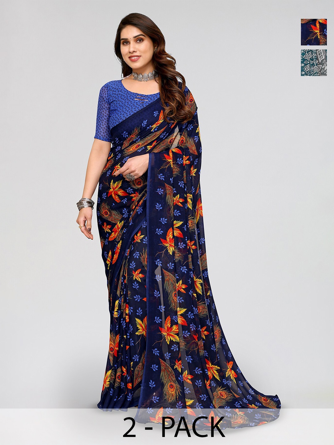 

ANAND SAREES Selection of 2 Floral Printed Saree, Blue