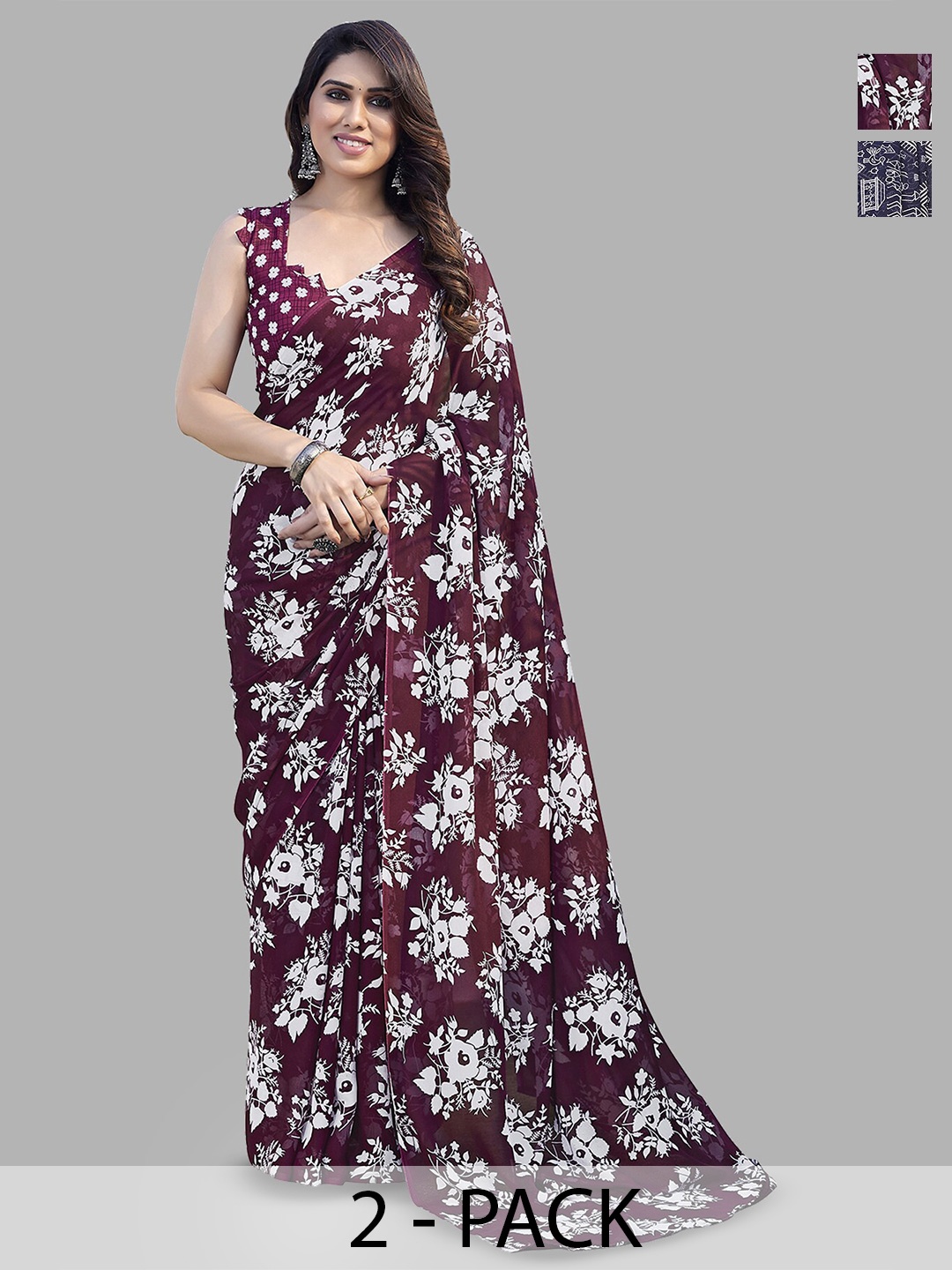 

ANAND SAREES Selection Of 2 Floral Printed Sarees, Blue