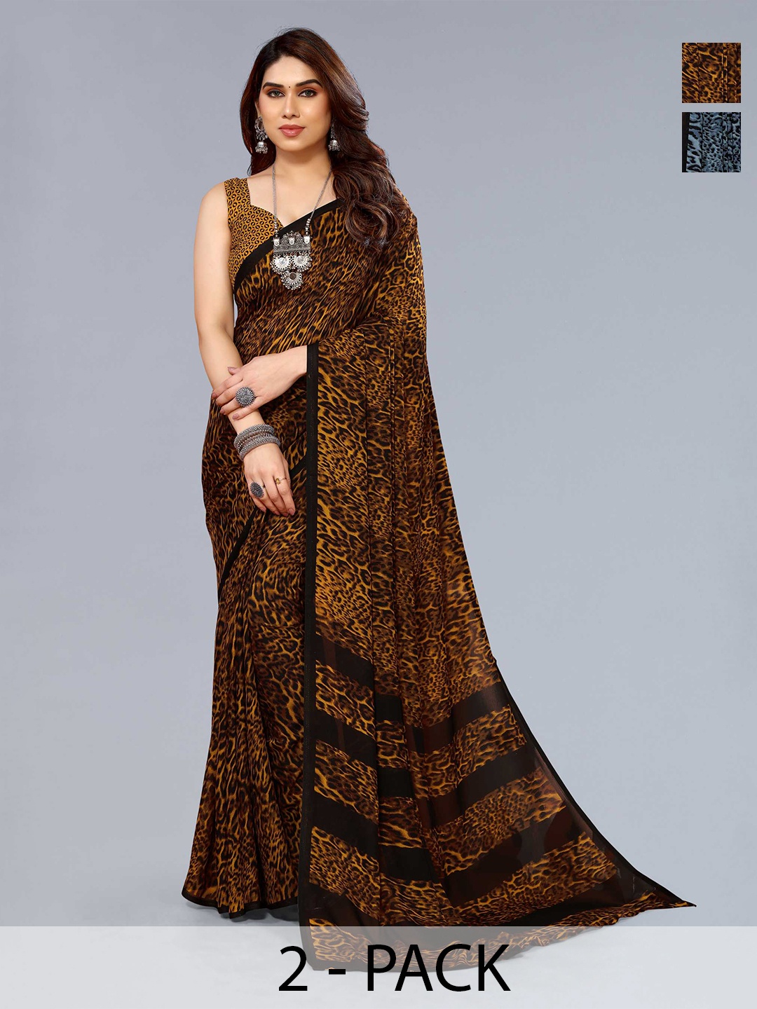 

ANAND SAREES Selection Of 2 Animal Printed Saree, Black