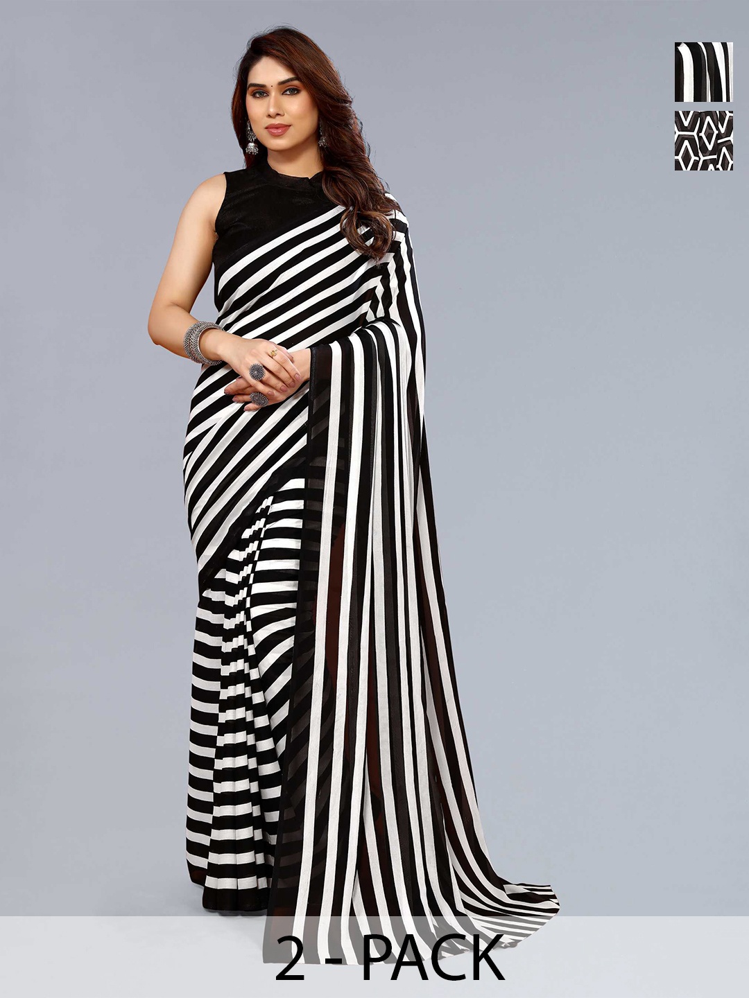 

ANAND SAREES Selection Of 2 Striped Sarees, White