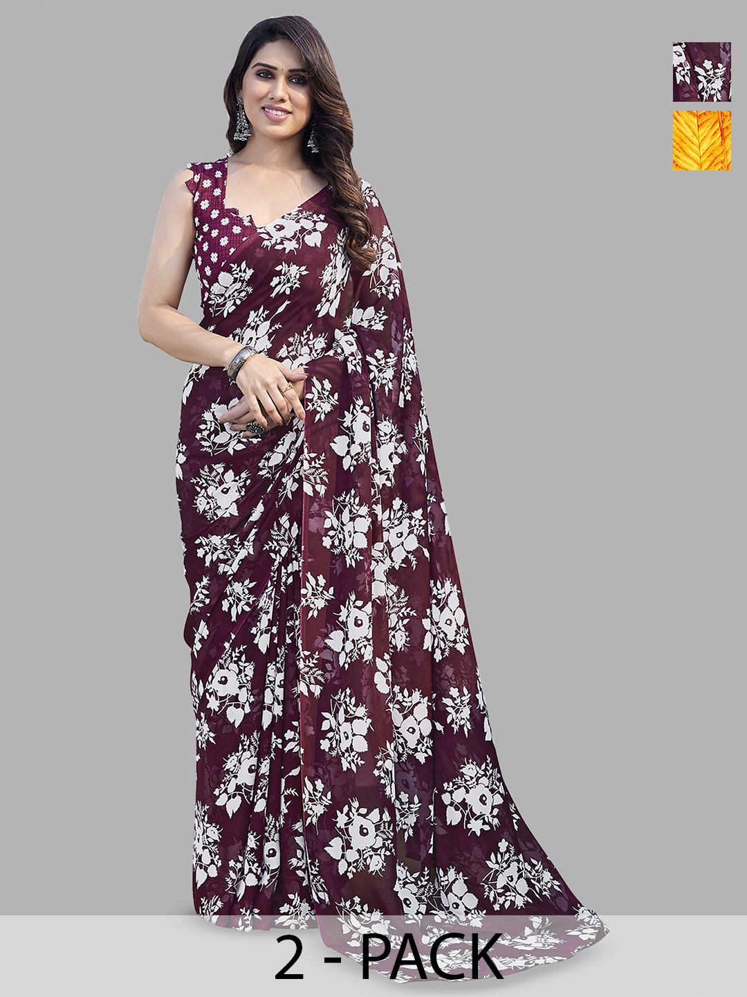 

ANAND SAREES Selection Of 2 Floral Printed Sarees, Burgundy