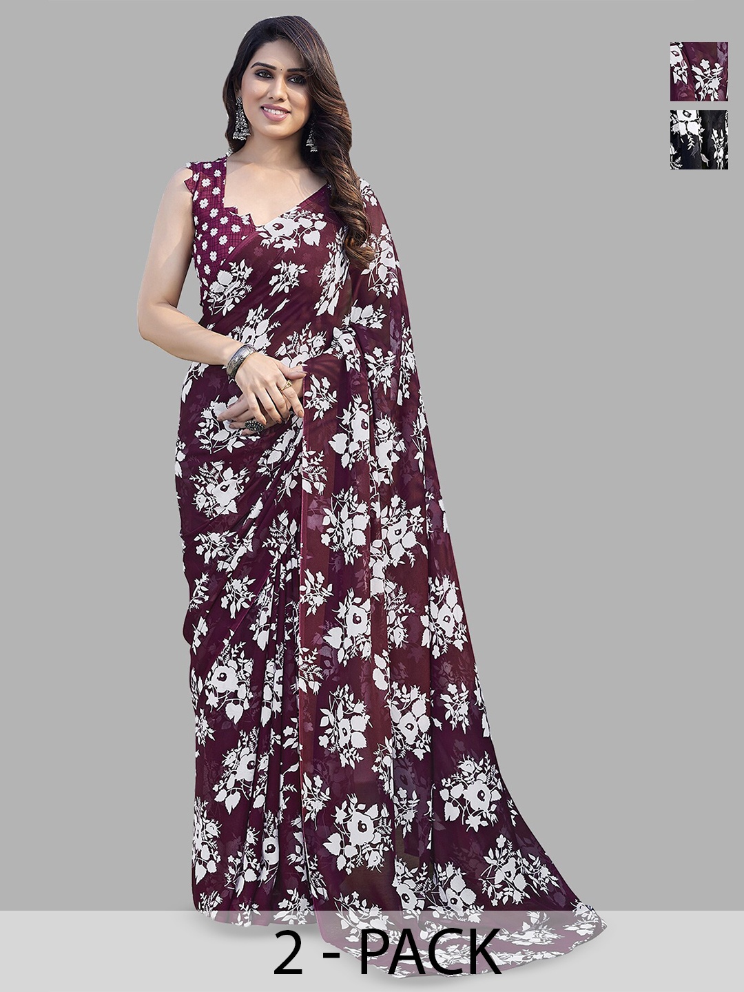 

ANAND SAREES Selection Of 2 Floral Printed Sarees, Black