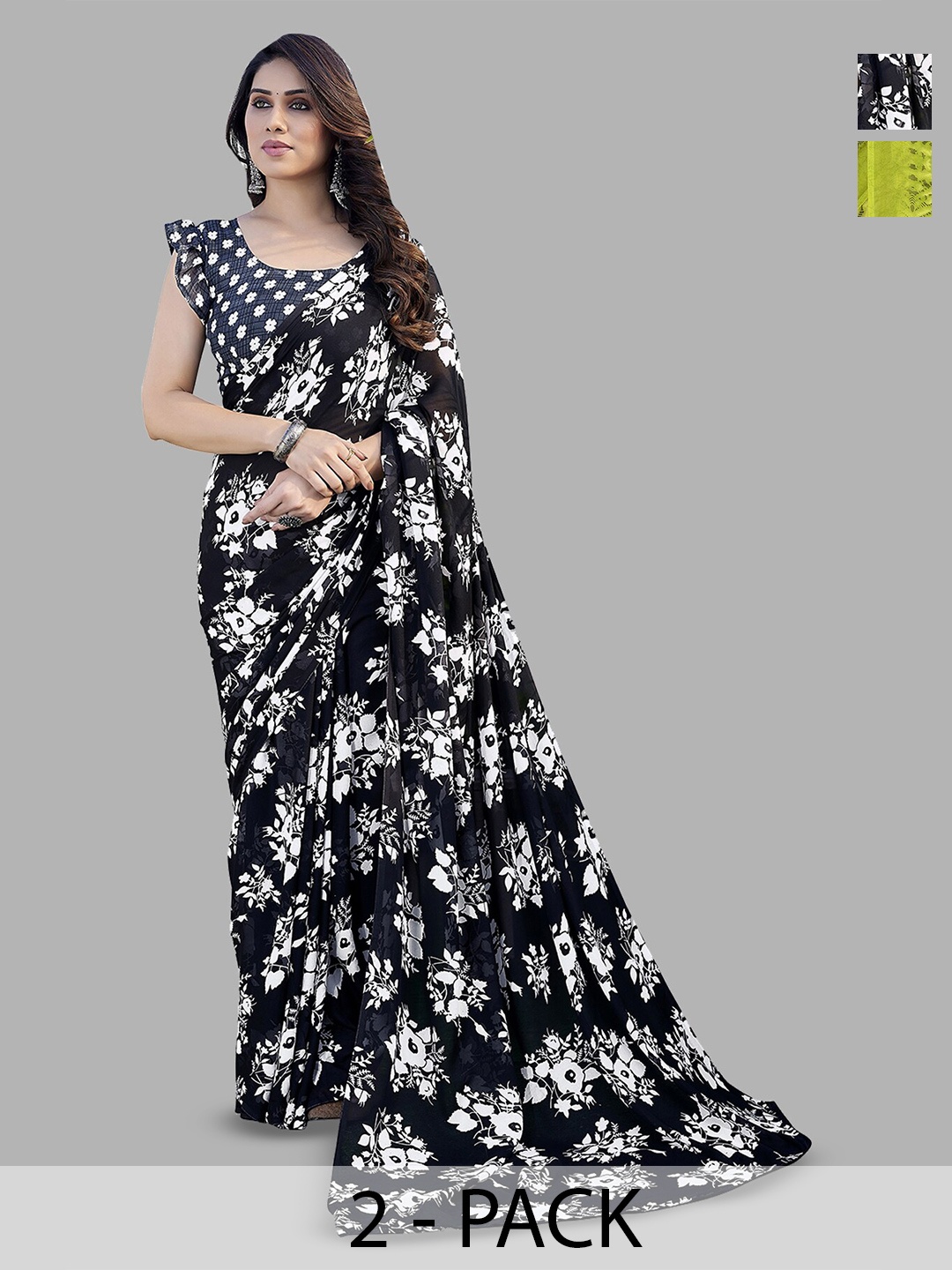 

ANAND SAREES Selection Of 2 Printed Sarees, Black