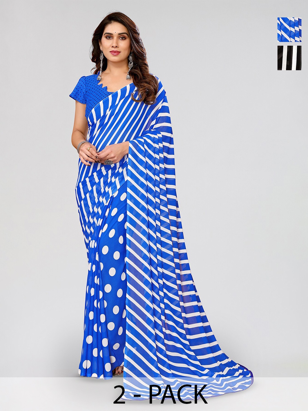 

ANAND SAREES Selection Of 2 Strped Printed Sarees, Blue