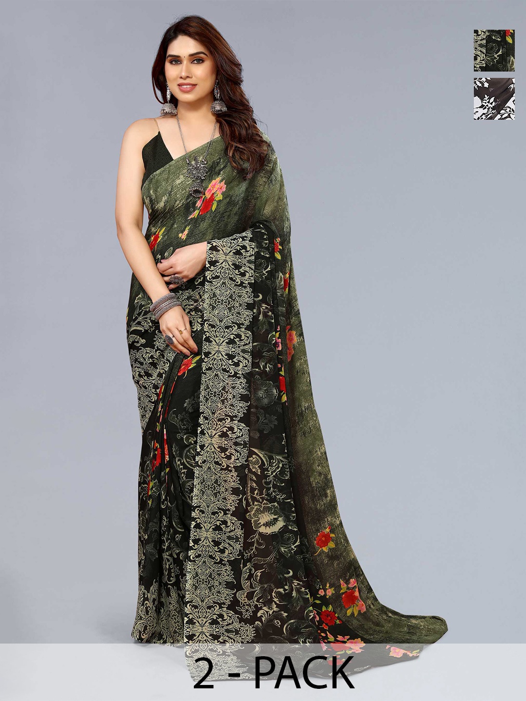 

ANAND SAREES Selection Of 2 Floral Printed Saree, White