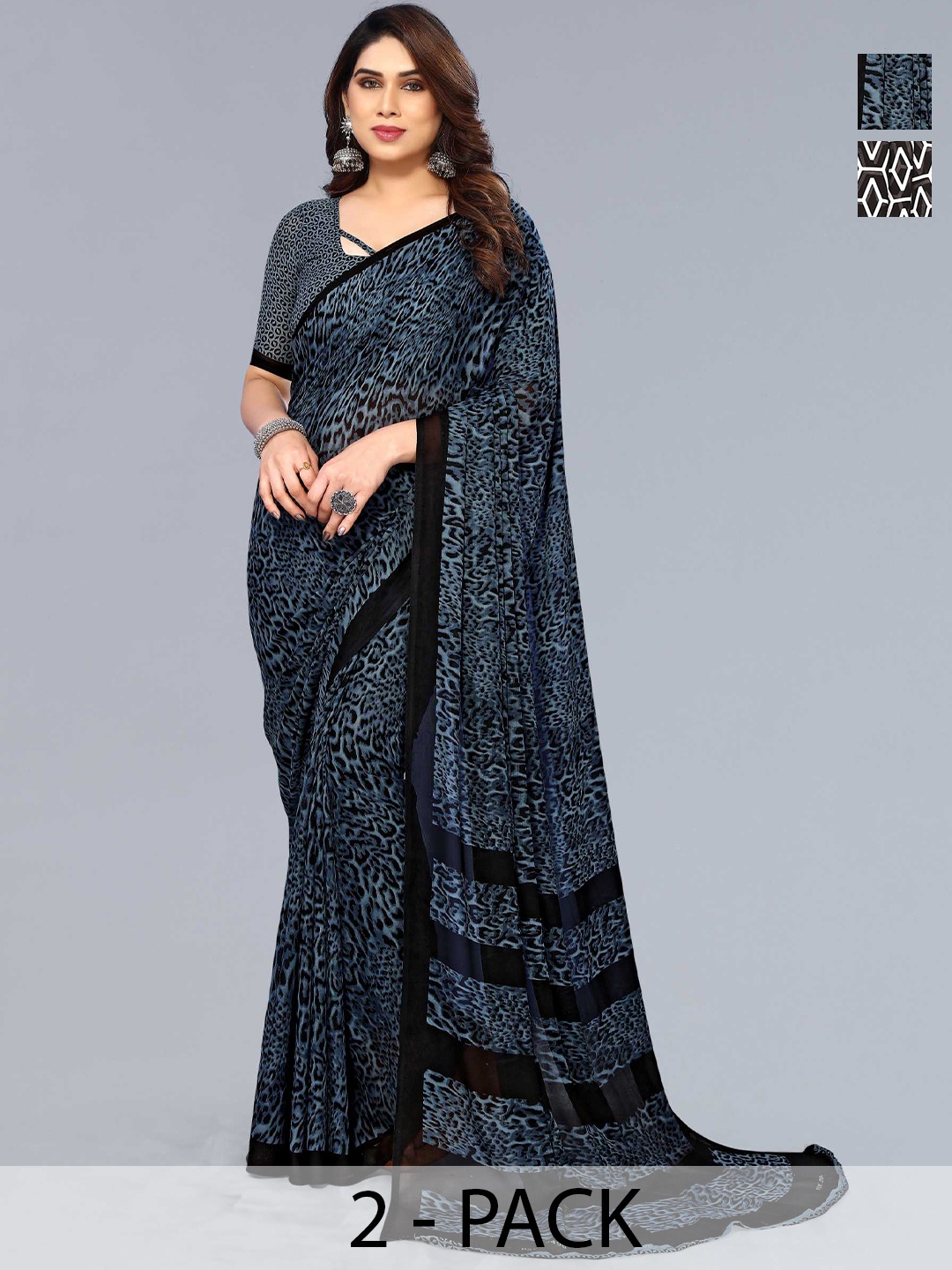 

ANAND SAREES Selection of 2 Printed Georgette Saree, Black