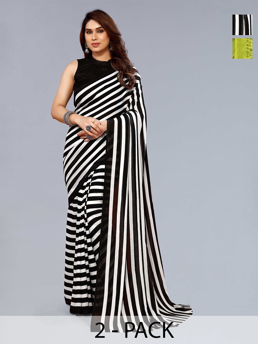 

ANAND SAREES Selection Of 2 Striped Sarees, Black