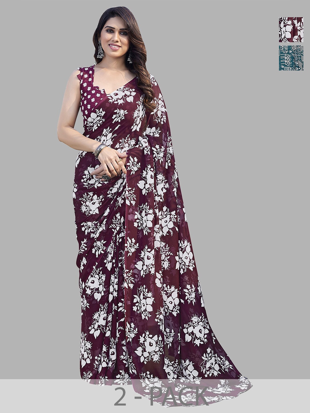 

ANAND SAREES Selection Of 2 Floral Printed Sarees, Burgundy