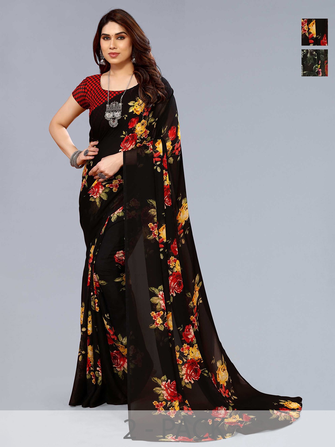 

ANAND SAREES Selection of 2 Floral Printed Sarees, Black