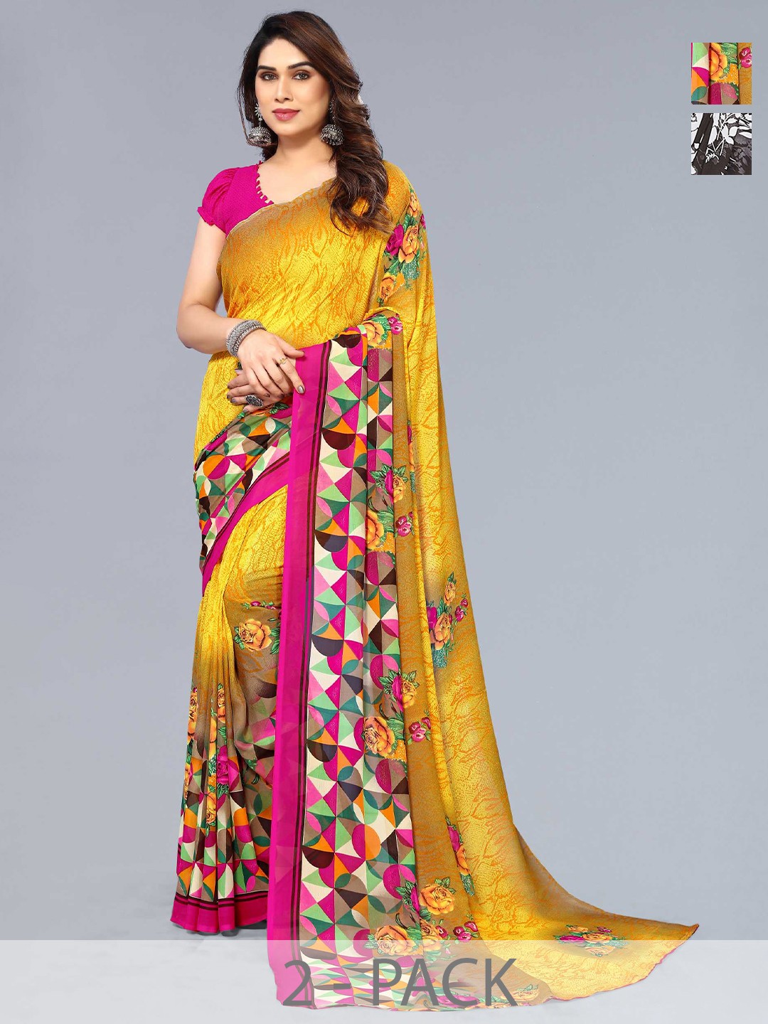 

ANAND SAREES Selection Of 2 Geometric Printed Sarees, Black