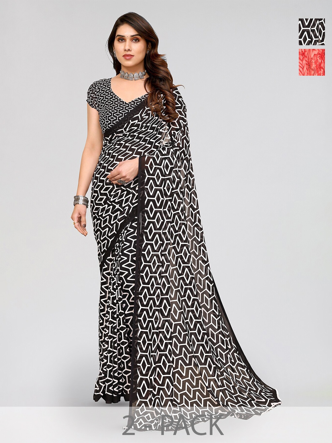 

ANAND SAREES Selection Of 2 Abstract Printed Sarees, Peach