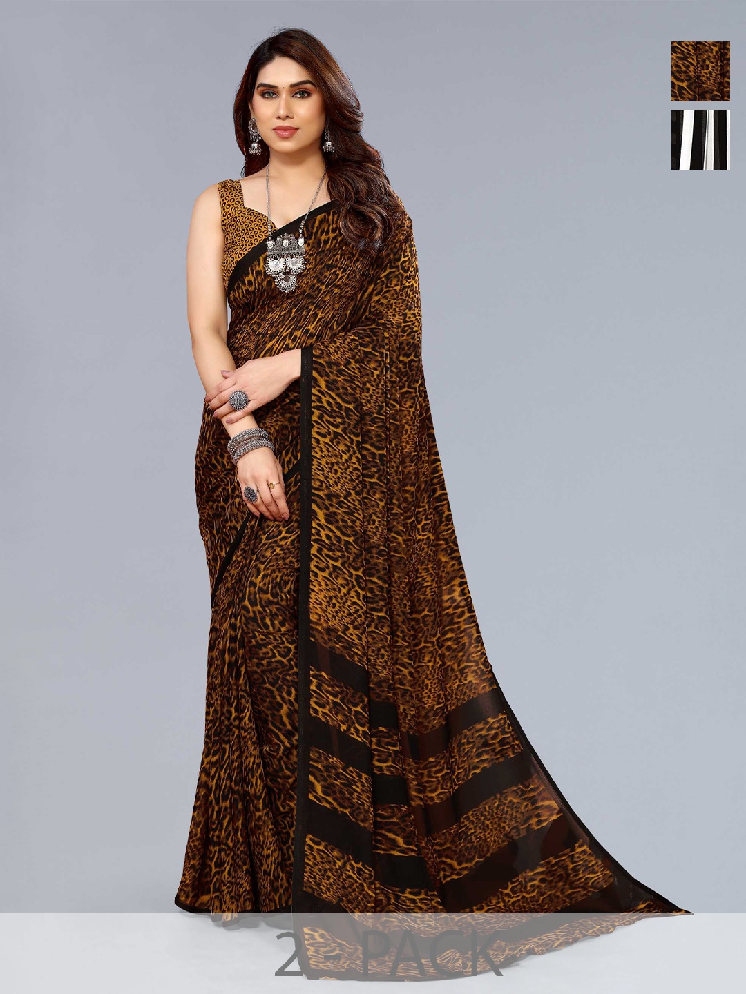 

ANAND SAREES Selection of 2 Printed Georgette Saree, Black