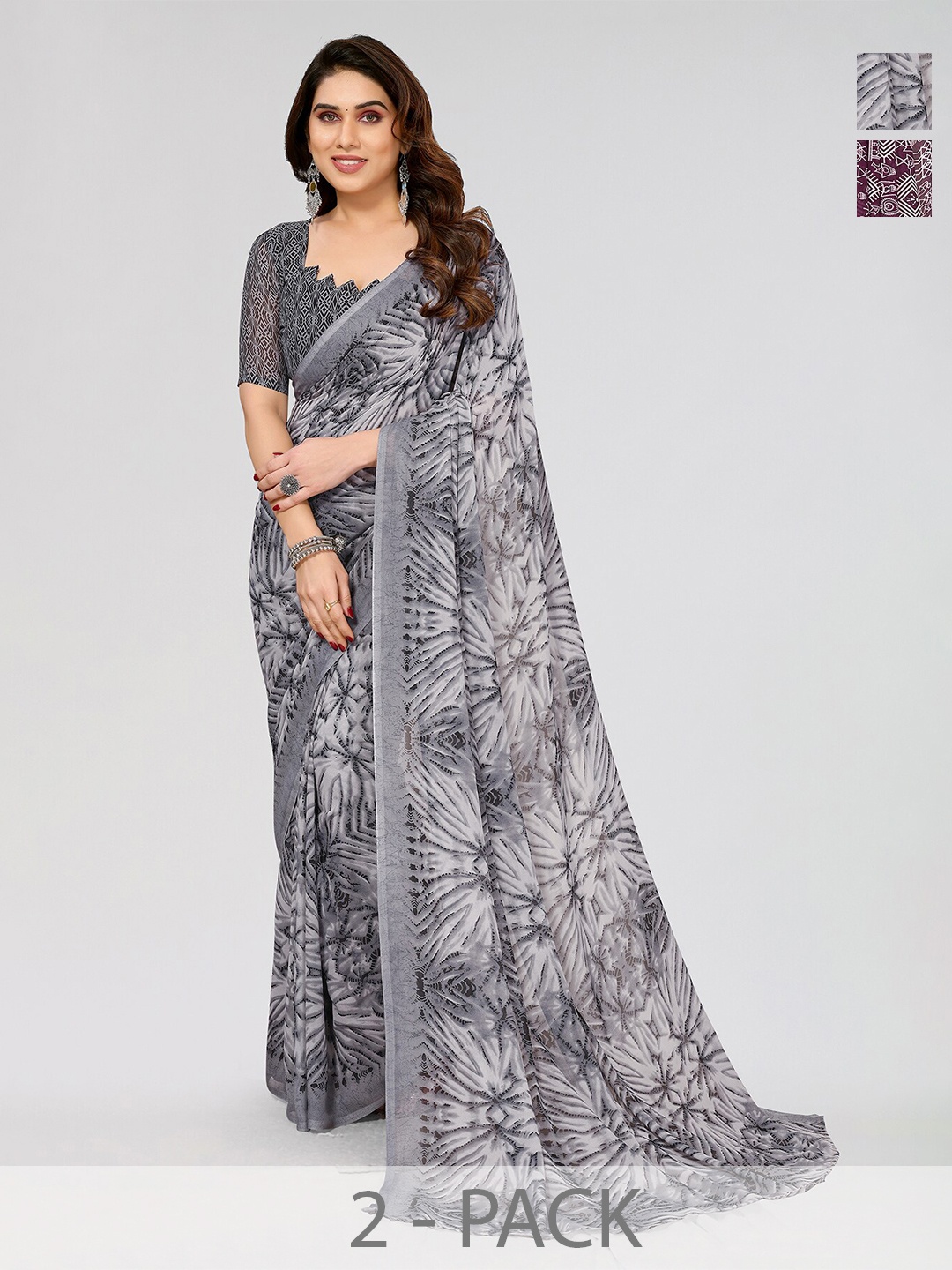 

ANAND SAREES Selection Of 2 Abstract Printed Sarees, Grey