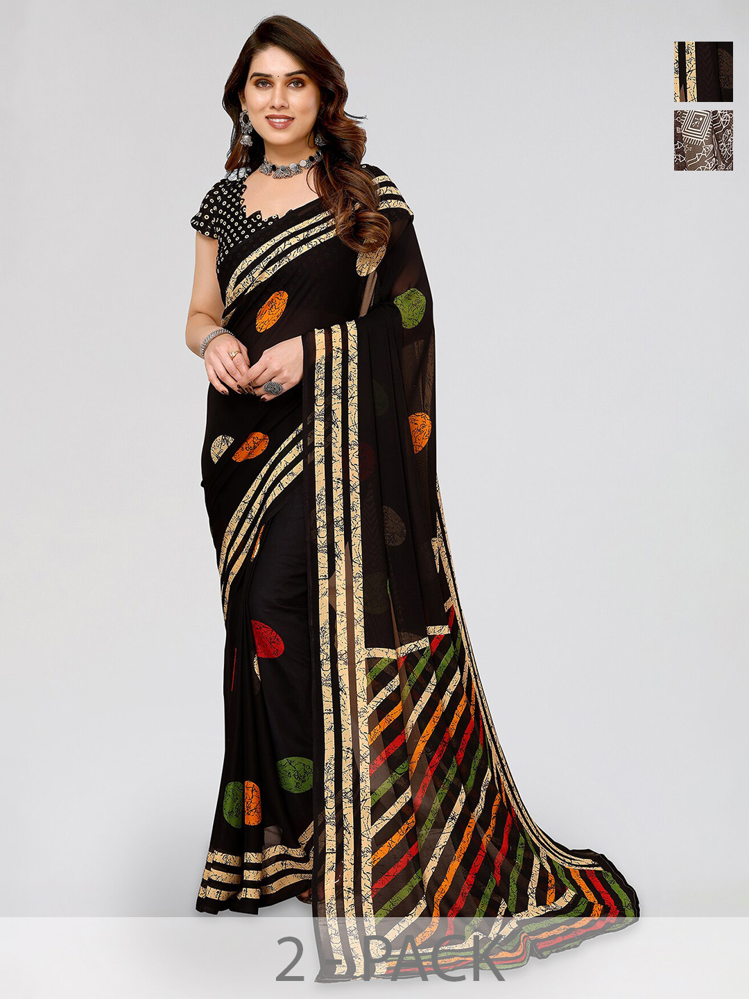 

ANAND SAREES Selection of 2 Warli Printed Sarees, Brown