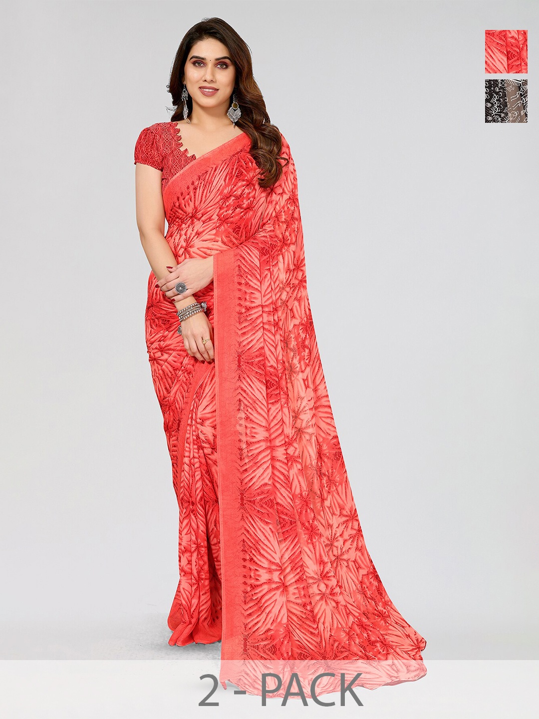 

ANAND SAREES Selection Of 2 Printed Sarees, Black