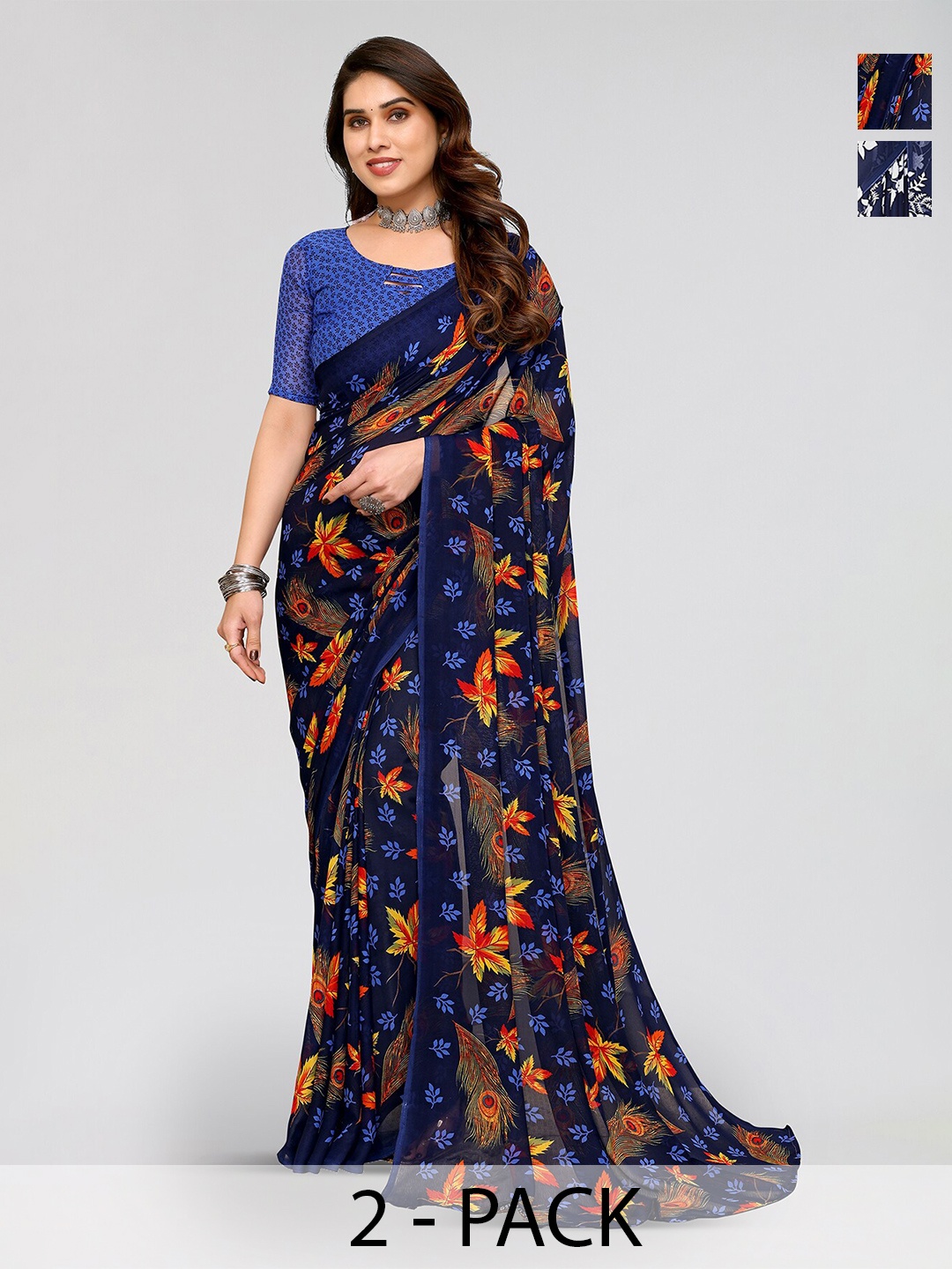 

ANAND SAREES Selection of 2 Floral Printed Sarees, Blue
