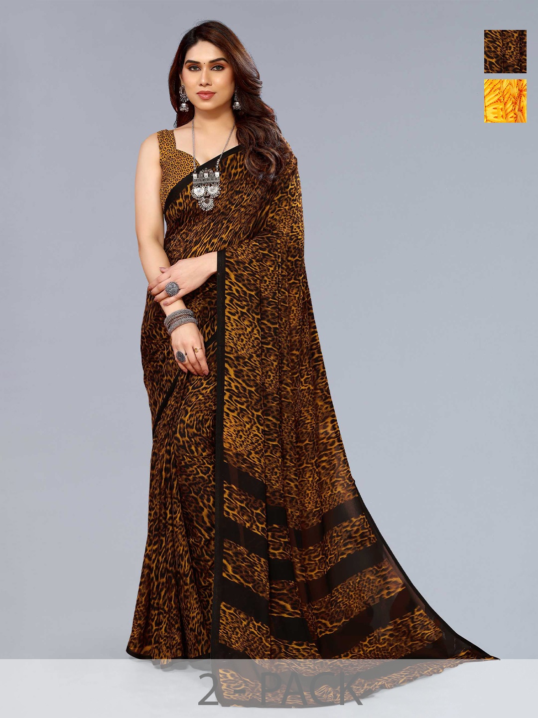 

ANAND SAREES Selection Of 2 Floral Printed Sarees, Yellow