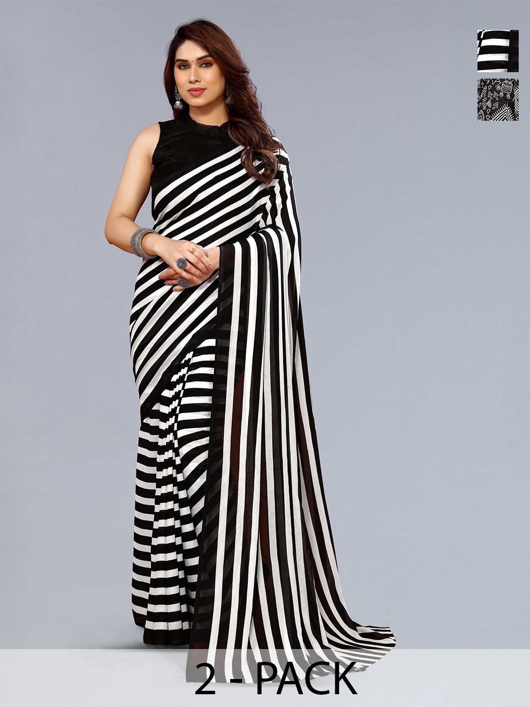 

ANAND SAREES Selection Of 2 Printed Poly Georgette Sarees, Black