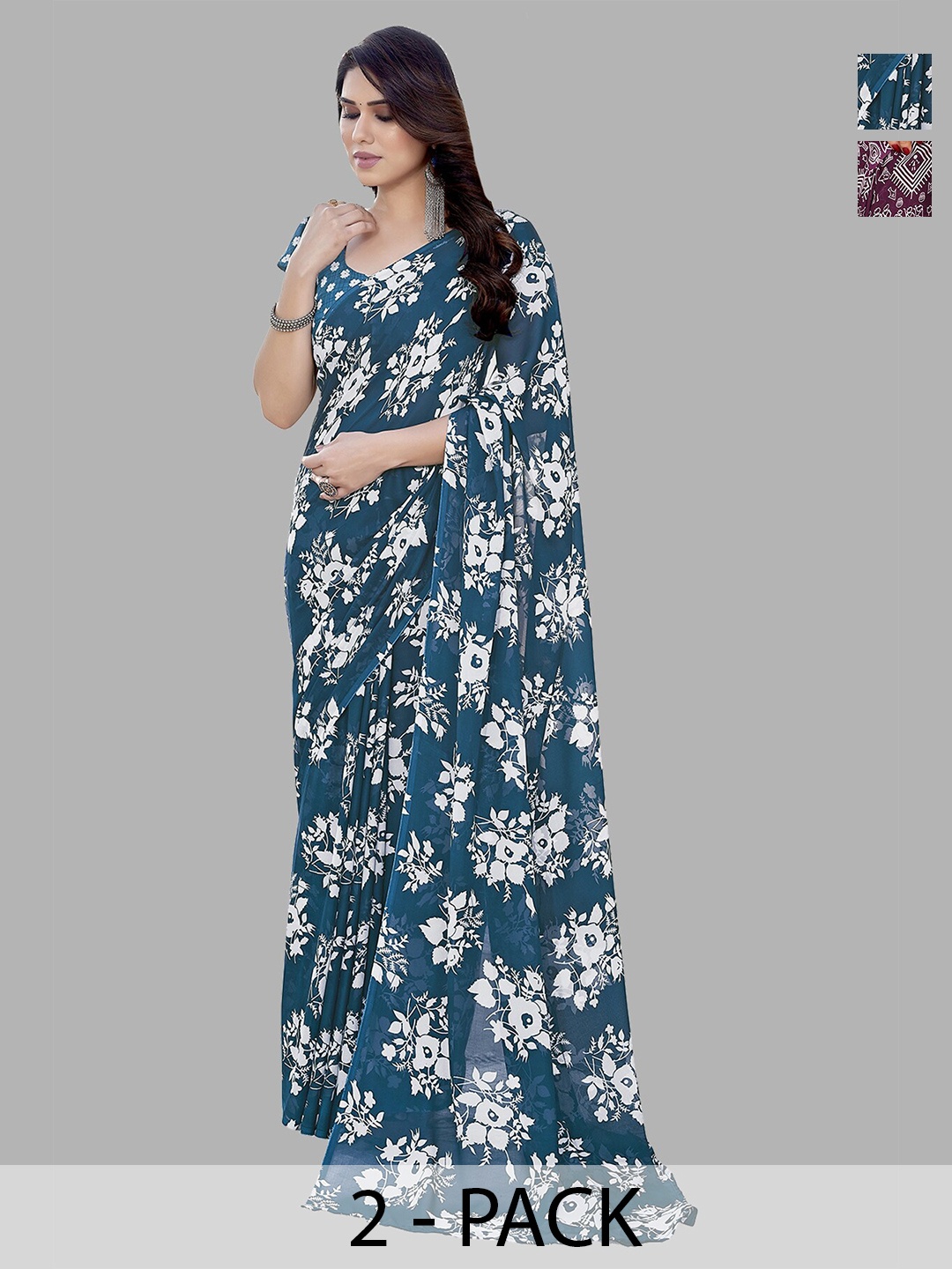 

ANAND SAREES Selection Of 2 Floral Printed Saree, Teal
