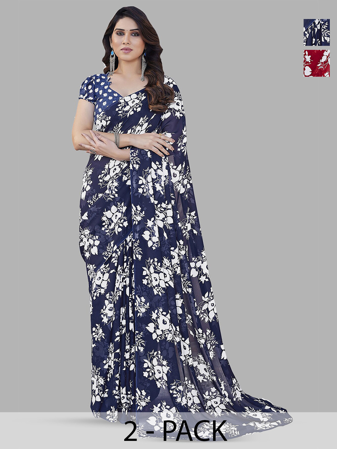 

ANAND SAREES Selection of 2 Floral Printed Georgette Saree, Blue