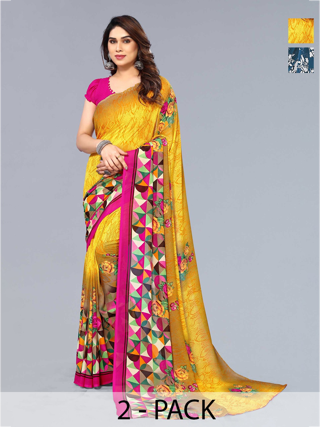 

ANAND SAREES Selection Of 2 Printed Sarees, Yellow