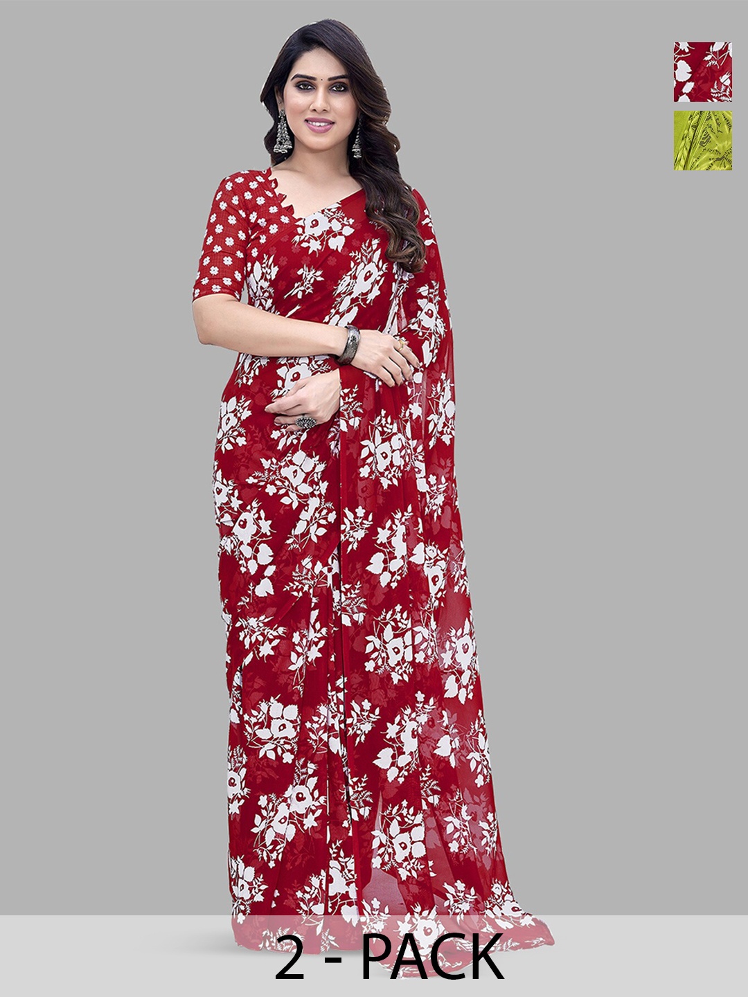 

ANAND SAREES Selection Of 2 Floral Printed Sarees, Red