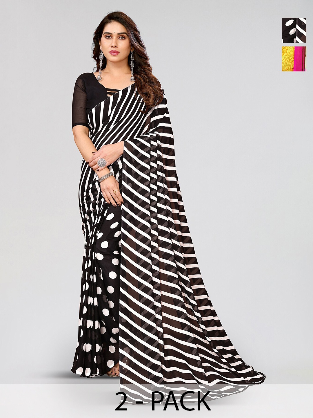 

ANAND SAREES Selection of 2 Printed Georgette Saree, Black