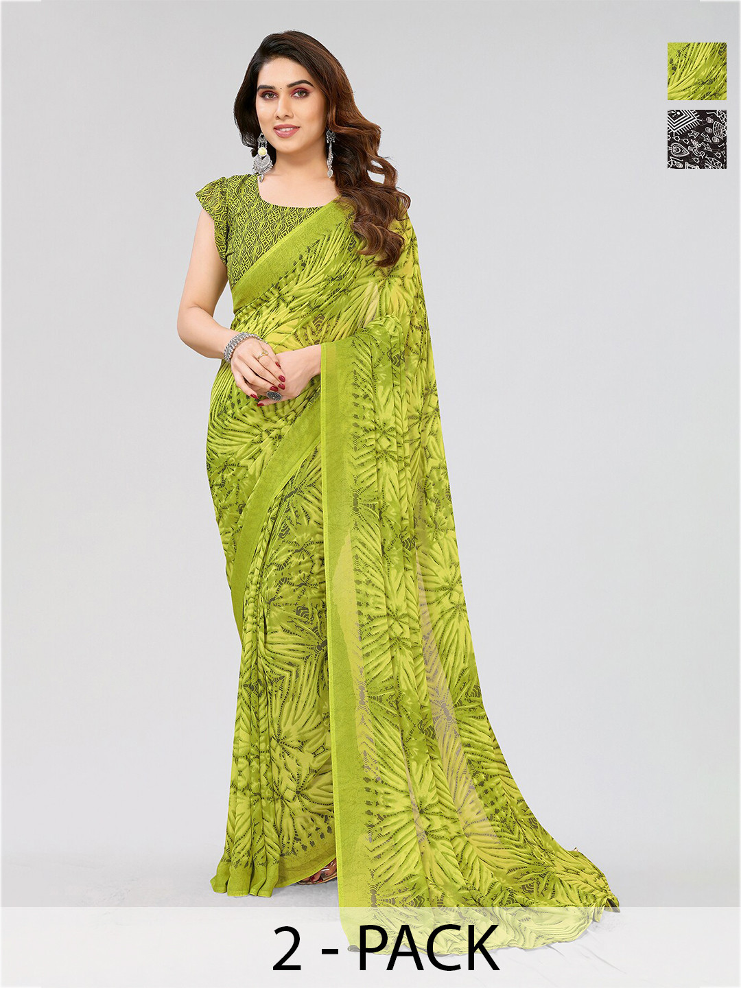 

ANAND SAREES Selection Of 2 Printed Sarees, Green