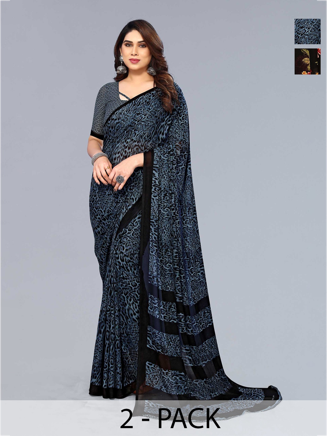 

ANAND SAREES Selection Of 2 Floral Printed Saree, Black