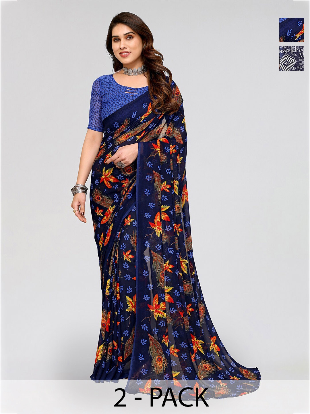 

ANAND SAREES Selection Of 2 Printed Sarees, Blue