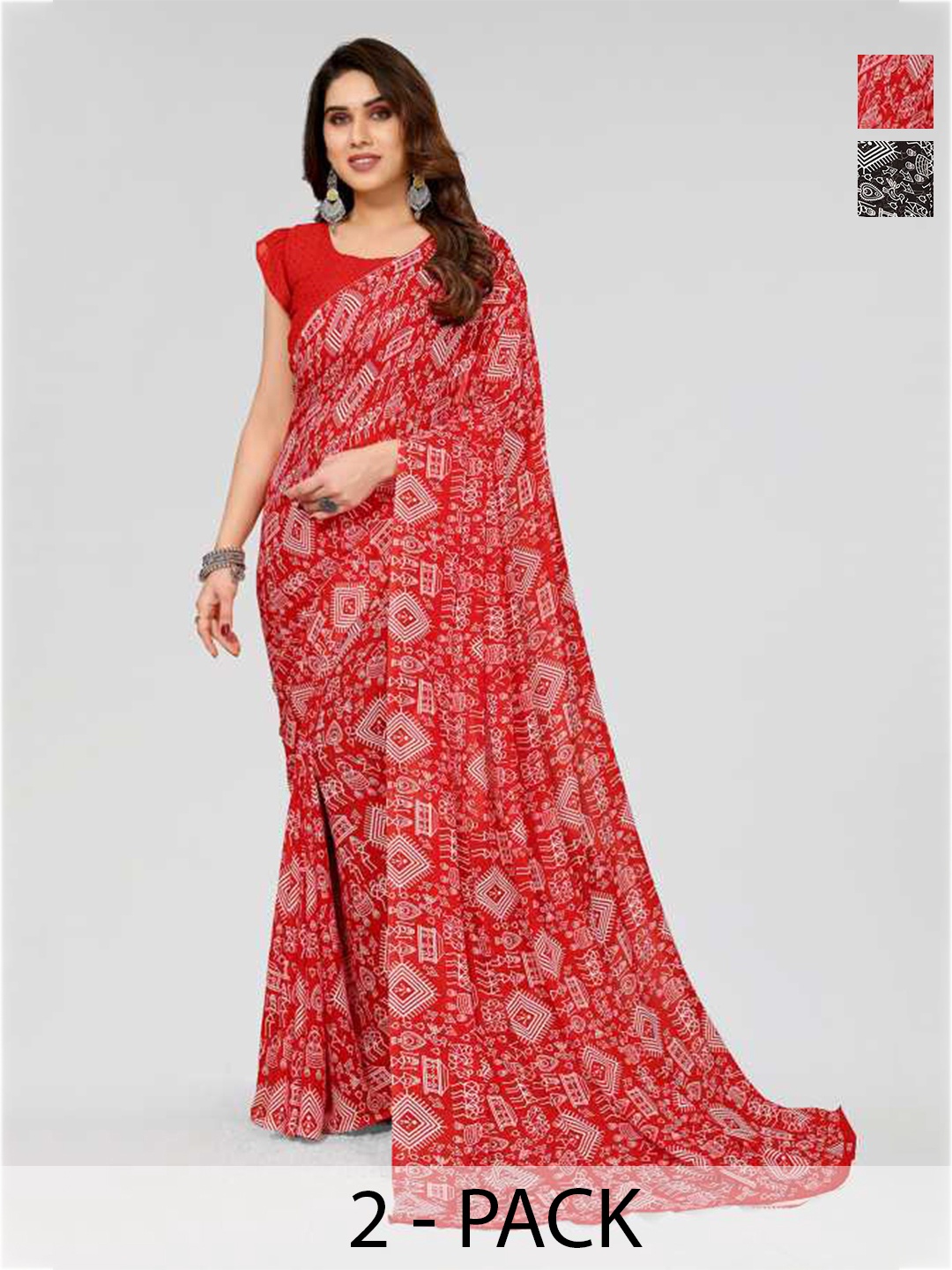 

ANAND SAREES Selection Of 2 Printed Poly Georgette Sarees, Red
