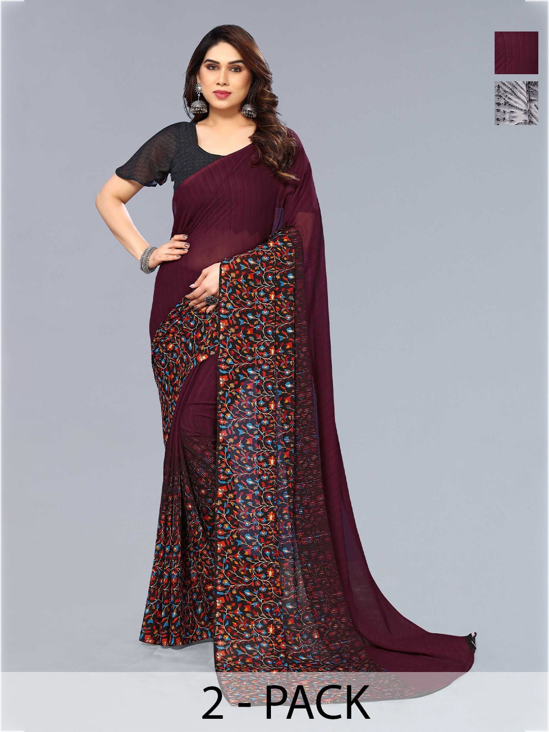 

ANAND SAREES Selection Of 2 Printed Sarees, Grey