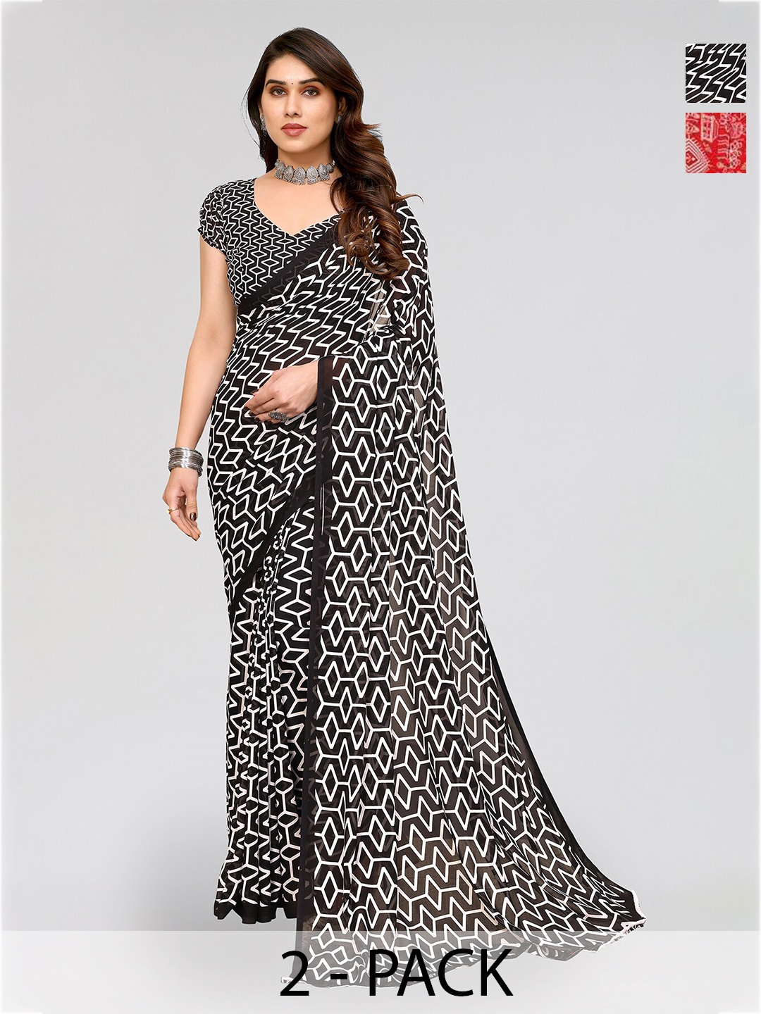 

ANAND SAREES Selection Of 2 Printed Sarees, Red