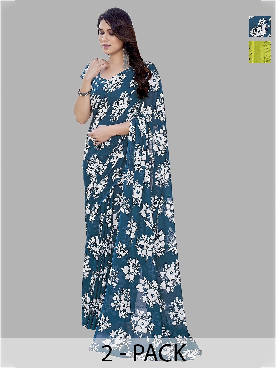 

ANAND SAREES Selection of 2 Floral Printed Saree, Blue