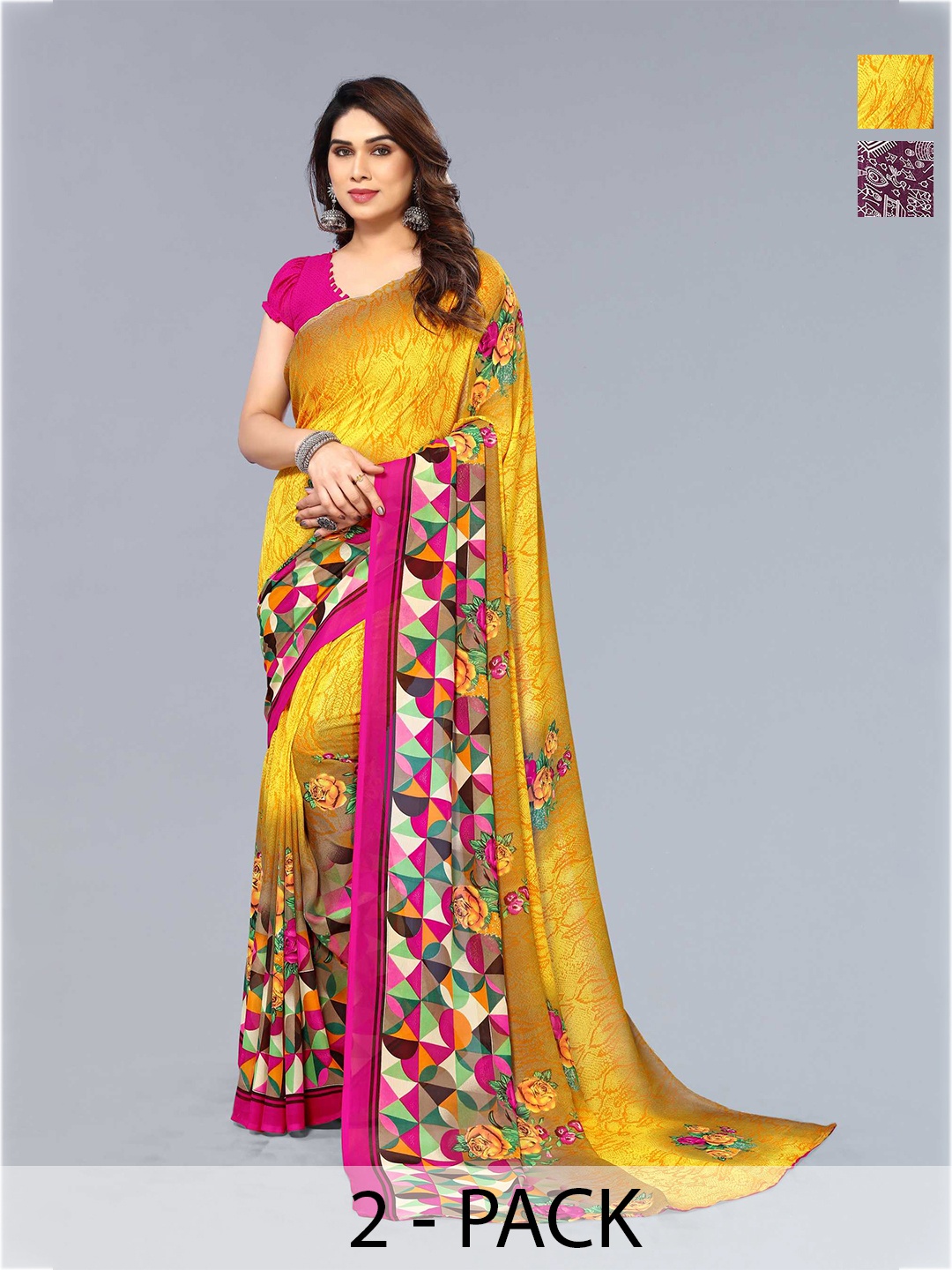 

ANAND SAREES Selection Of 2 Printed Sarees, Yellow