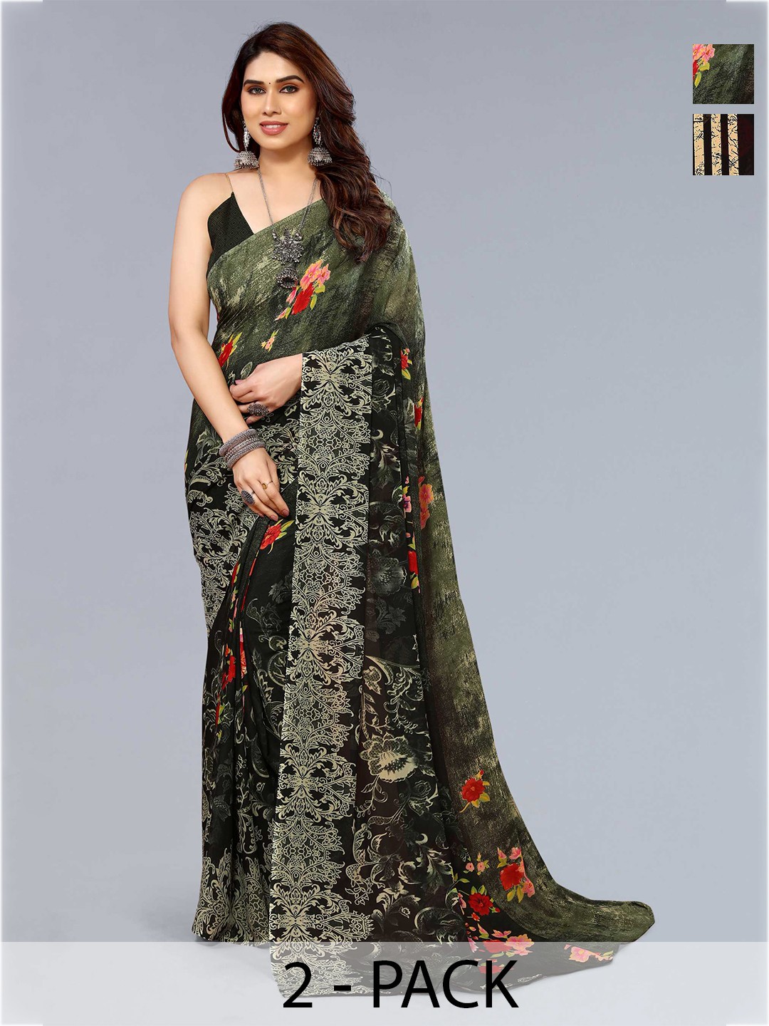 

ANAND SAREES Selection Of 2 Floral Printed Sarees, Green