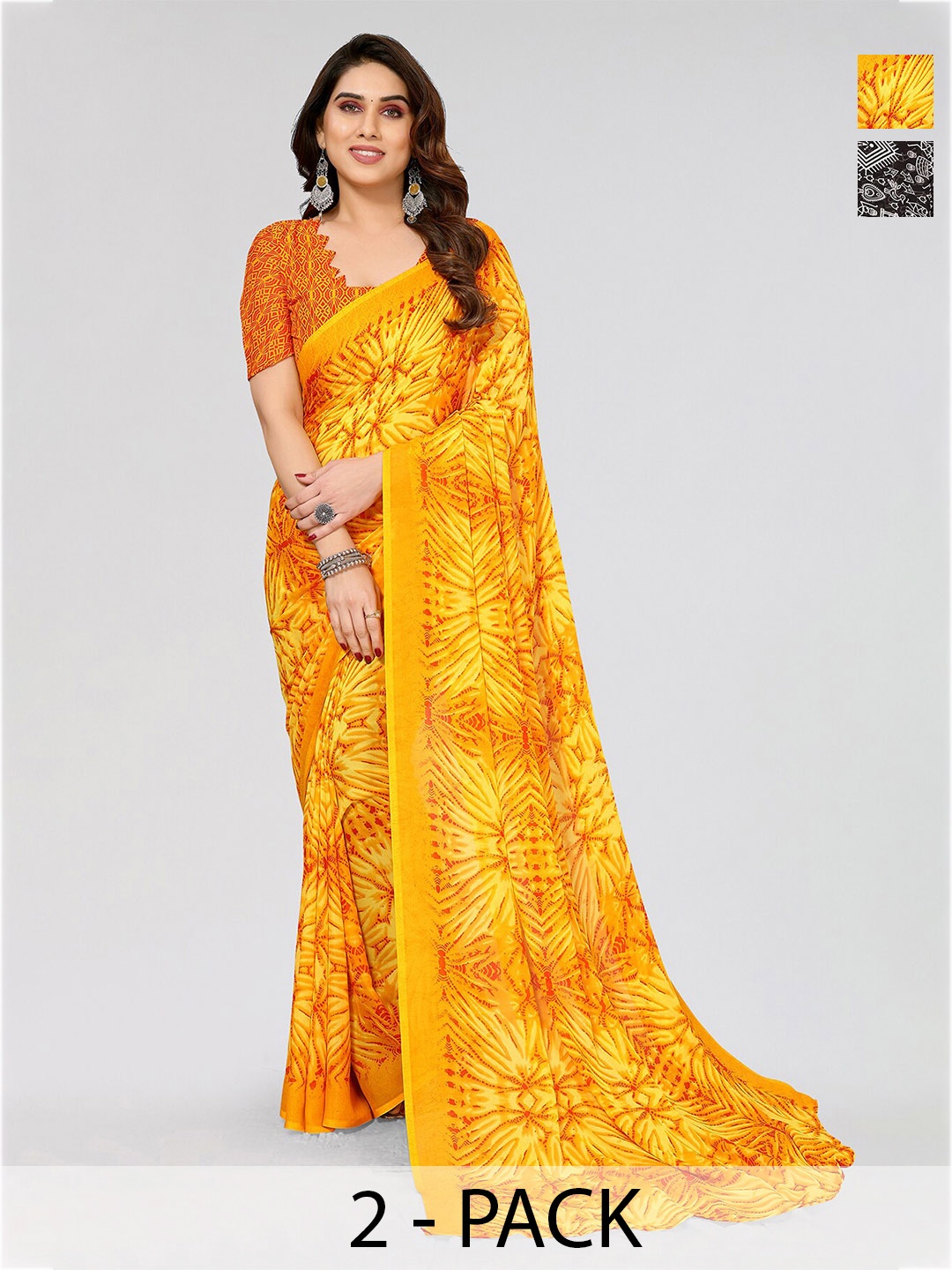 

ANAND SAREES Selection Of 2 Geometric Printed Sarees, Black