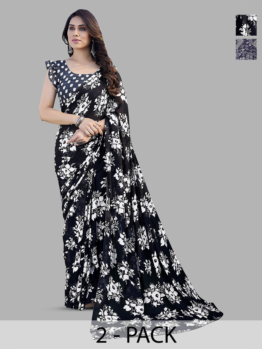 

ANAND SAREES Selection Of 2 Printed Sarees, Black